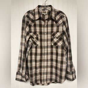 Ely‎ Cattleman Brown Plaid Pearl Snap Shirt Mens Large